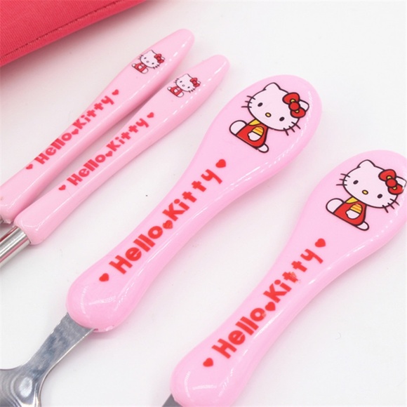 5 pcs Hello Kitty Lunch Utensils Chopsticks Fork Spoon Set Case Travel Bag Pouch - Picture 3 of 6